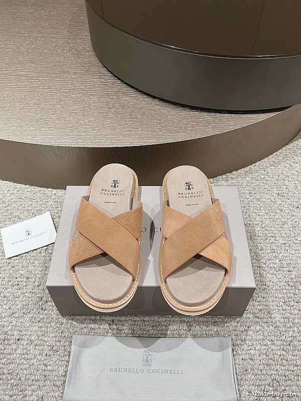Brunello Cucinelli Casual-style Camel Cross-strap Slide Sandals