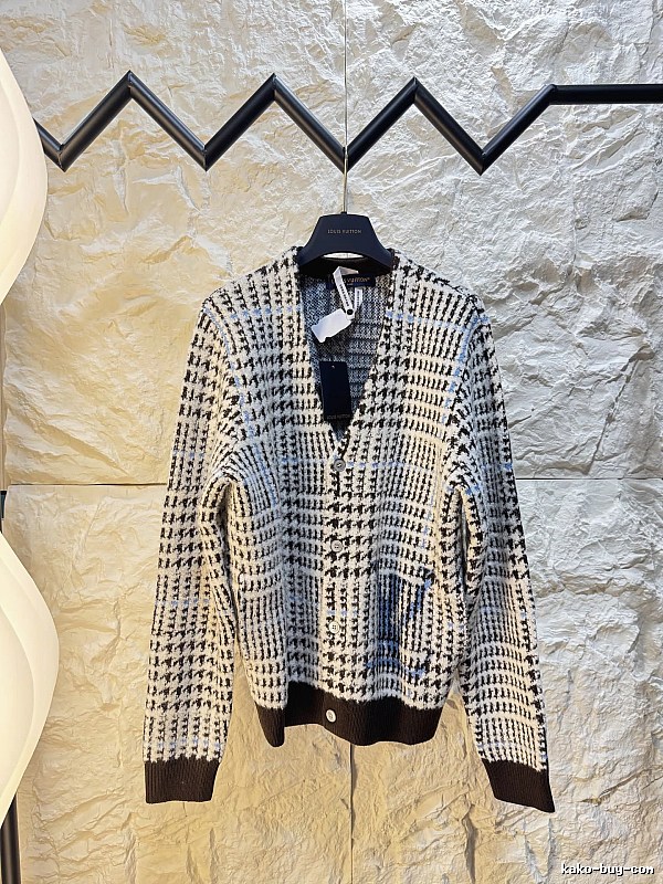 Cardigan with Cream and Navy Check Cardigan Neutral Color