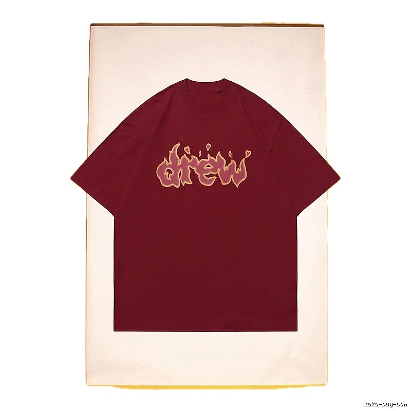 DREW Flame Heart Street Style Burgundy Short Sleeve T-Shirt