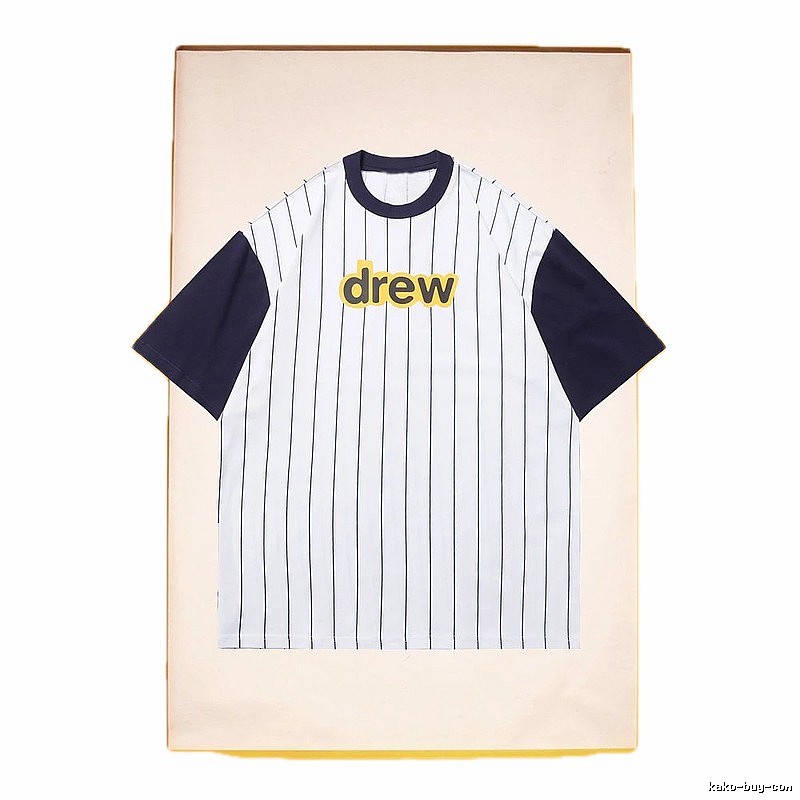 DREW Letter Print Street Style White and Navy Blue Short Sleeve T-Shirt