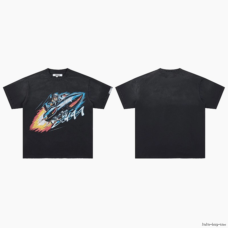 DUAA Rocket Print Vintage Style Black Short-sleeve T-shirt