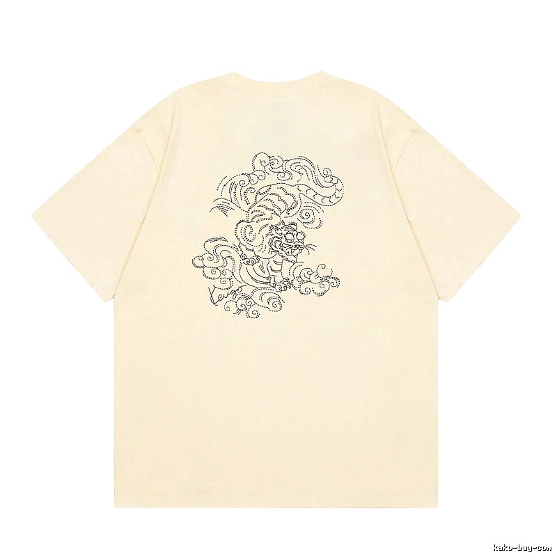 KENZO Auspicious Cloud Tiger Embroidery Chinese Style Beige Apricot Short Sleeve T-Shirt