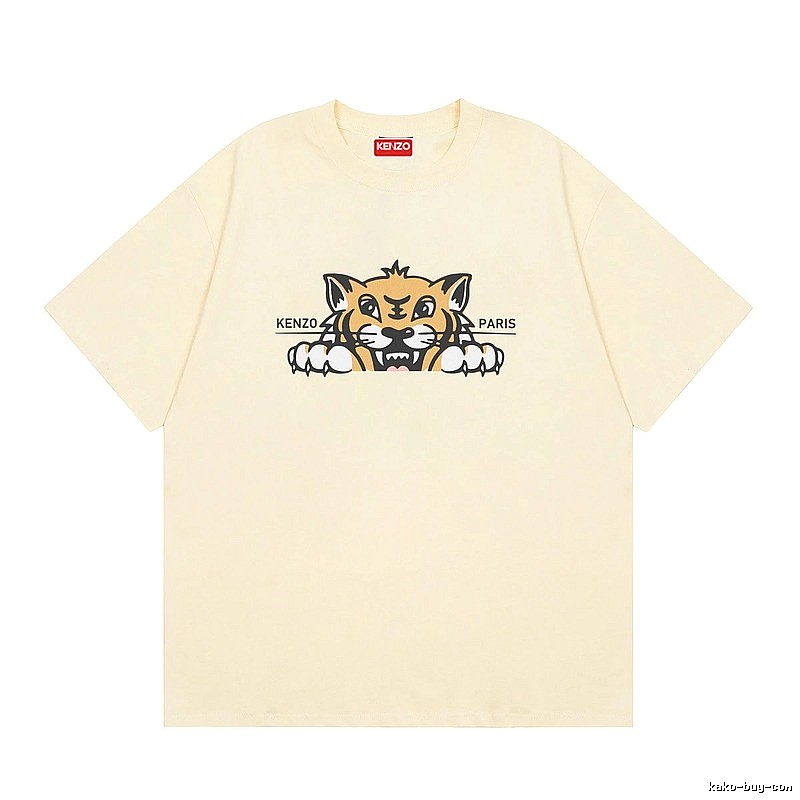 KENZO Tiger Head Print Streetwear Style Beige Short Sleeve T-Shirt