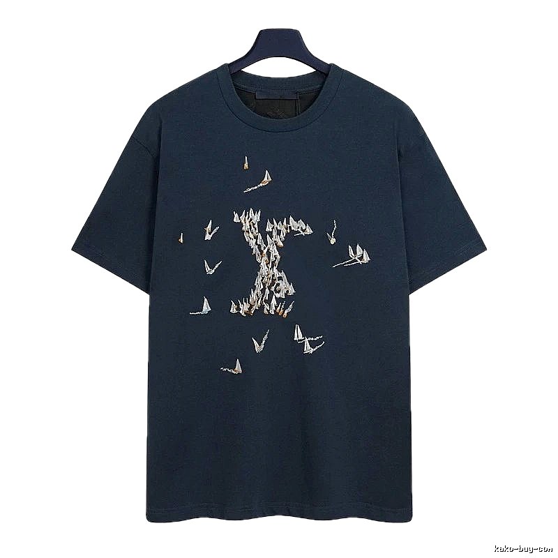 Louis Vuitton Light Luxury Style Navy Blue T-Shirt with Sailing Boat Embroidery