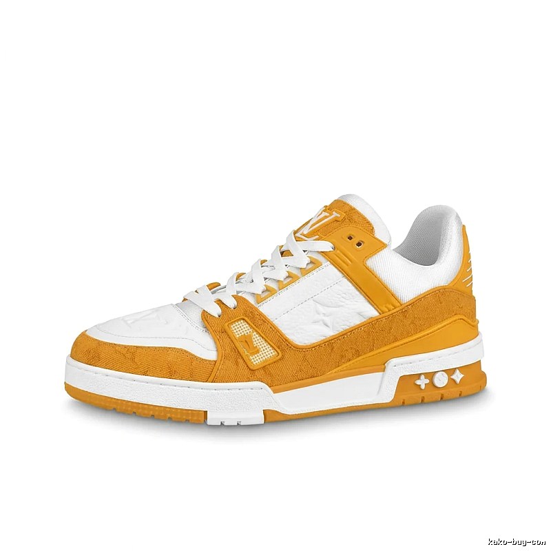 Louis Vuitton low-top sneakers in orange and white color blocking.