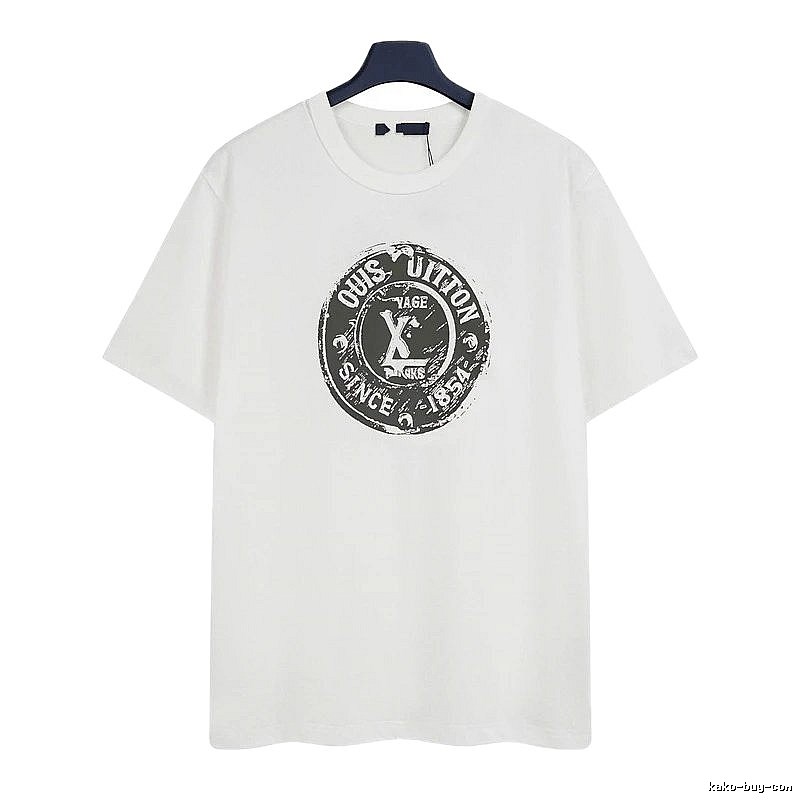 Louis Vuitton Vintage-style Distressed Stamp Print White T-Shirt