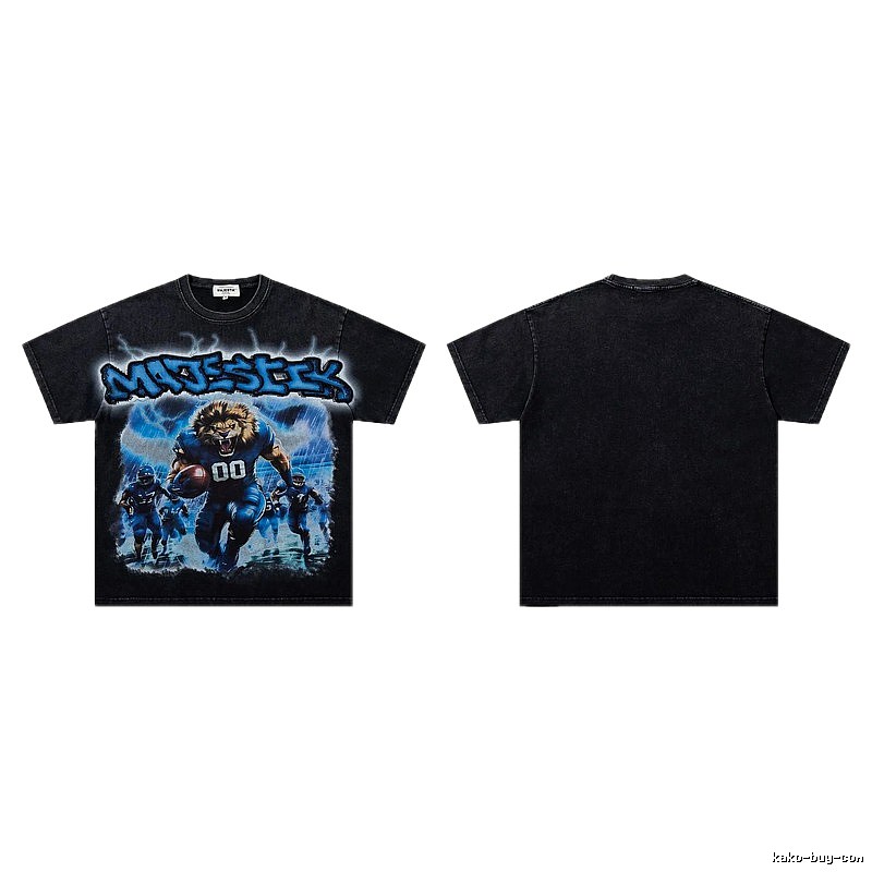MAJESTIK Lion Head Rugby American Retro Black T-Shirt