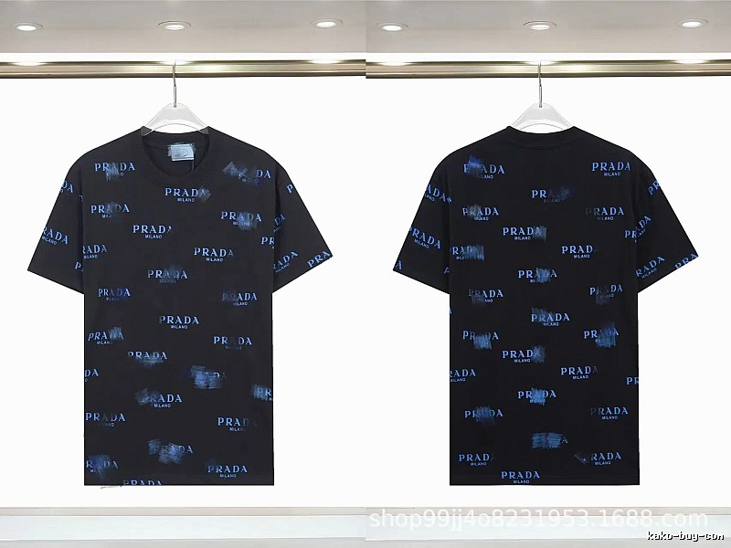 Prada All-over Printed Streetwear Style Black Short-sleeve T-shirt