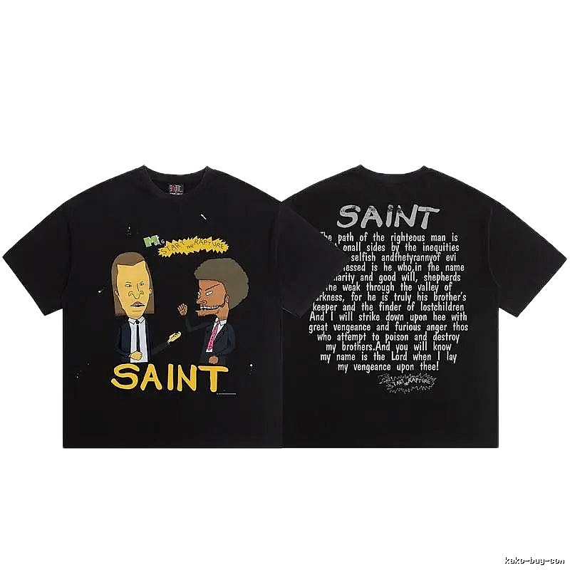 SAINT Cartoon Print American Style Black T-Shirt
