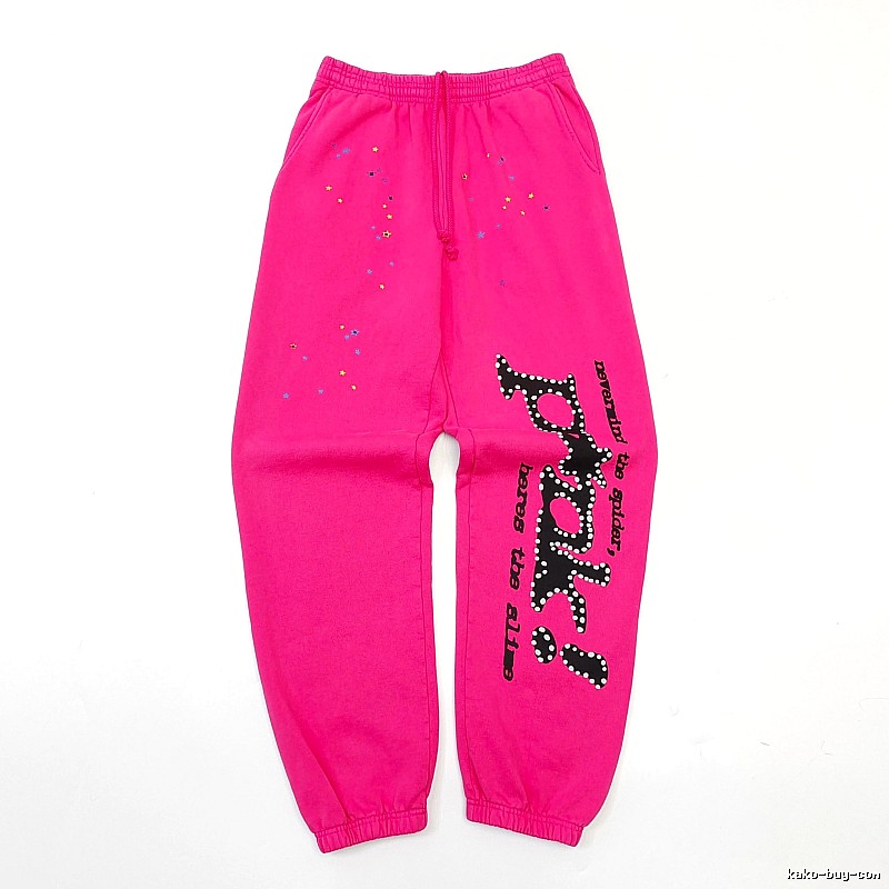 Sp5der Logo Sweatpants in Hot Pink - black vertical branding and cuffed ankles