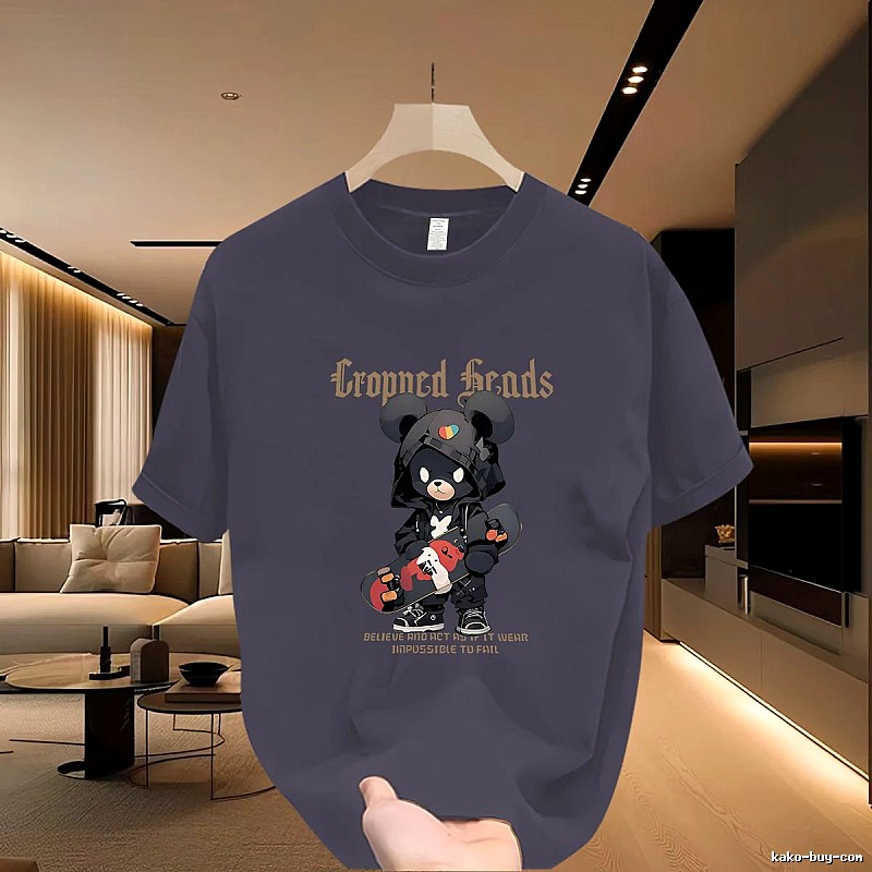 Streetwear Brand Skateboard Bear Street Style Dark Grey Printed T-Shirt