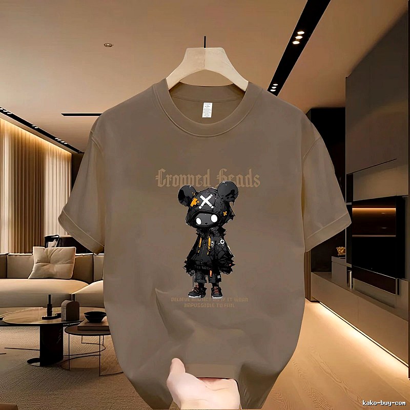 Streetwear Street Style Violent Bear Print Khaki Short-sleeve T-shirt