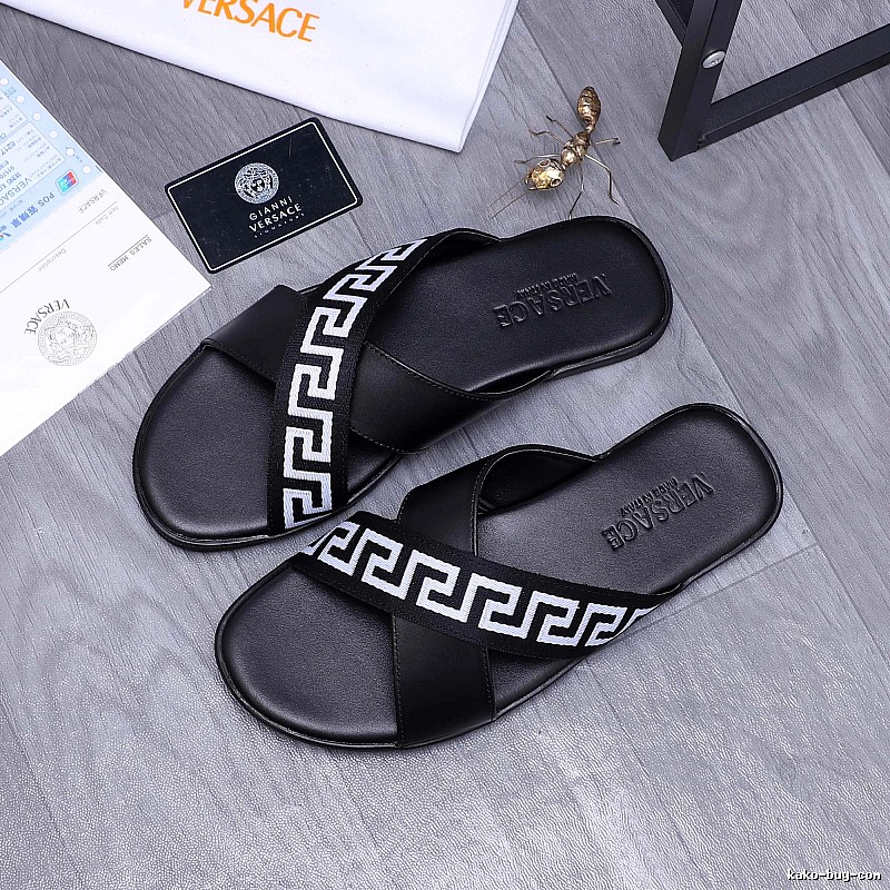 Versace Greek Key Casual Style Black Slide Sandals